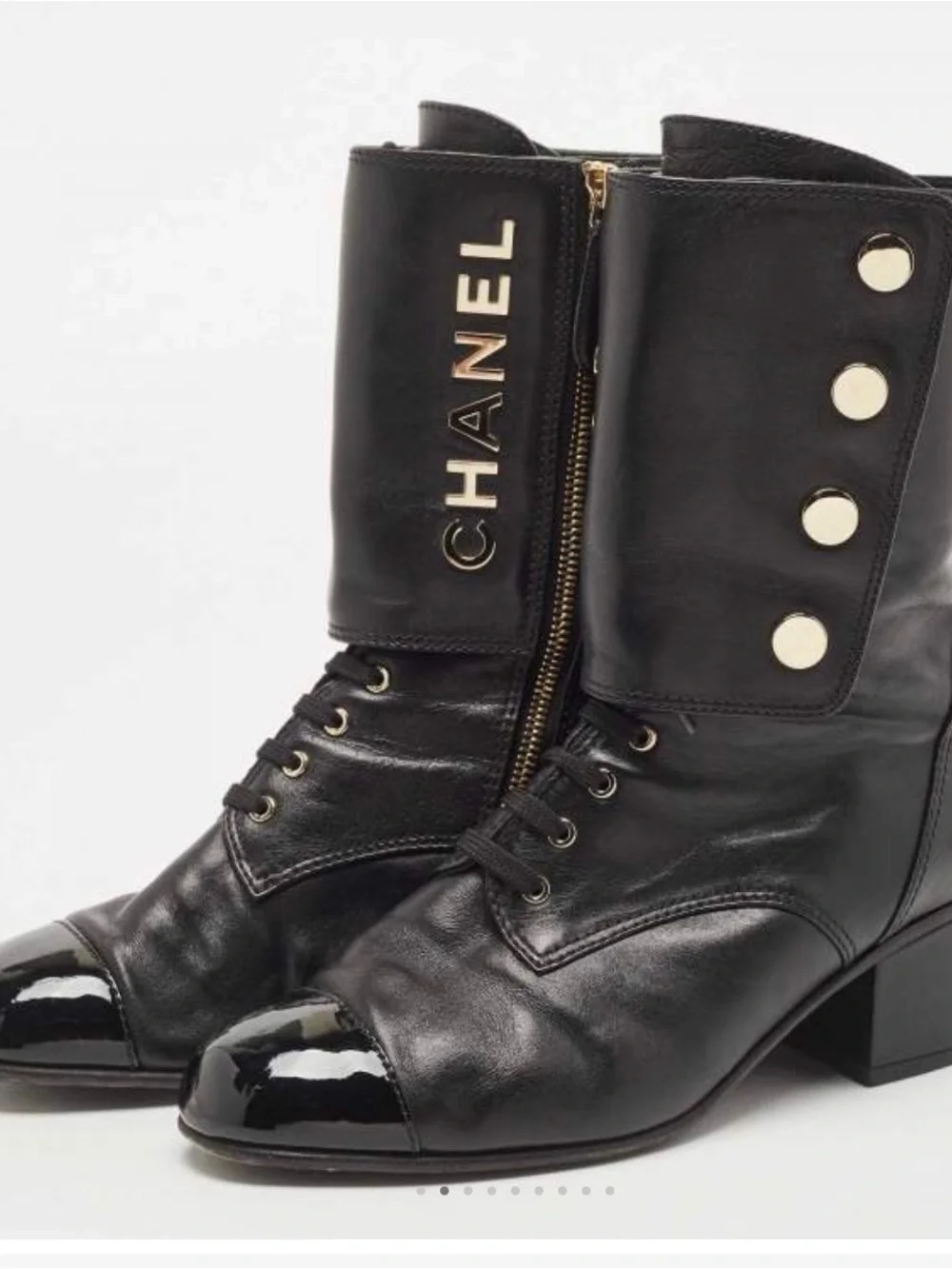 Chanel Cape toe  Black Leather Lace-Up Mid-Calf Boots with Gold Buttons